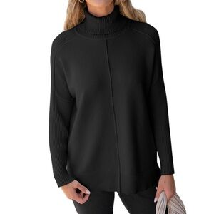 Anrabess Women’s Black Oversized Seam Front Turtleneck Pullover